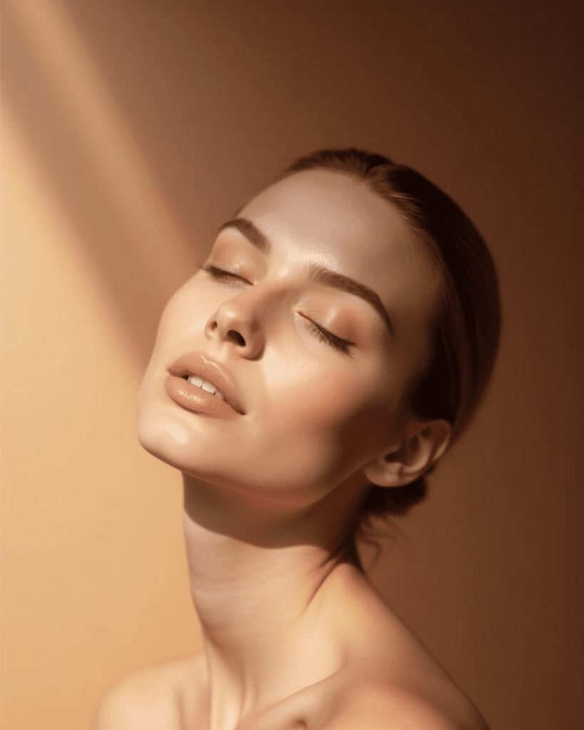 Sunlit close-up portrait of woman with eyes closed