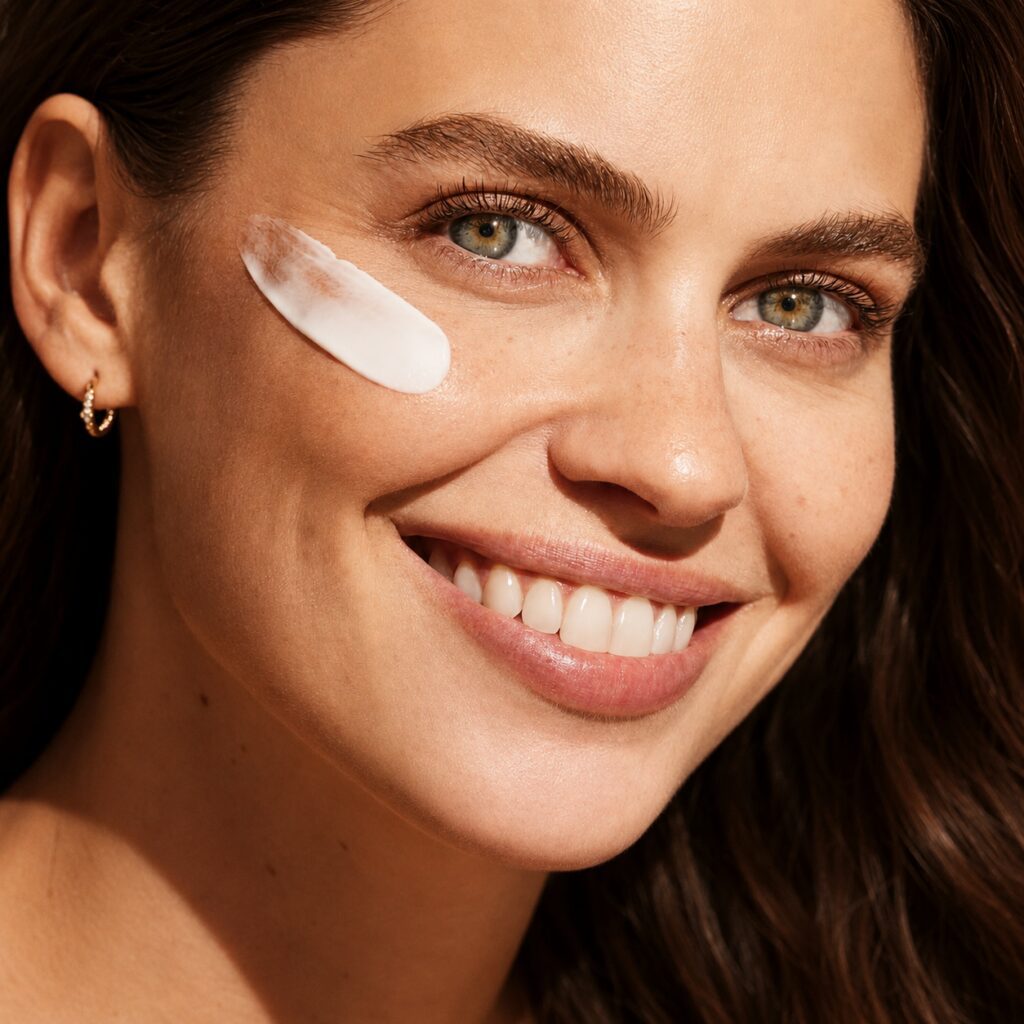 Smiling woman applying skincare cream
