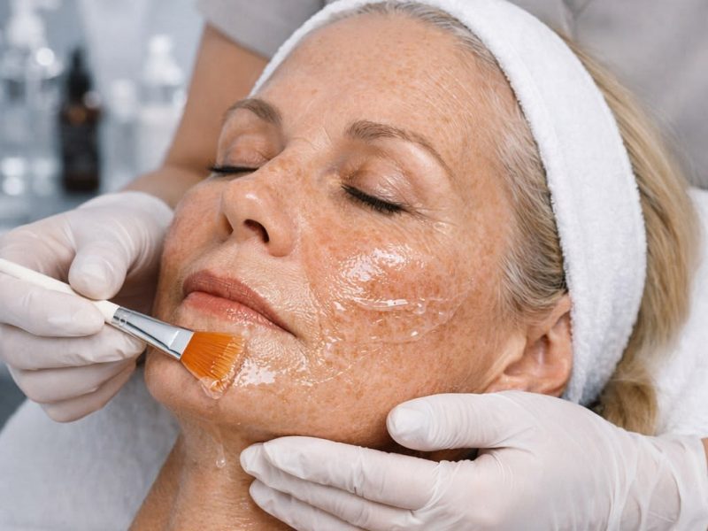 Mature woman receiving facial peel treatment