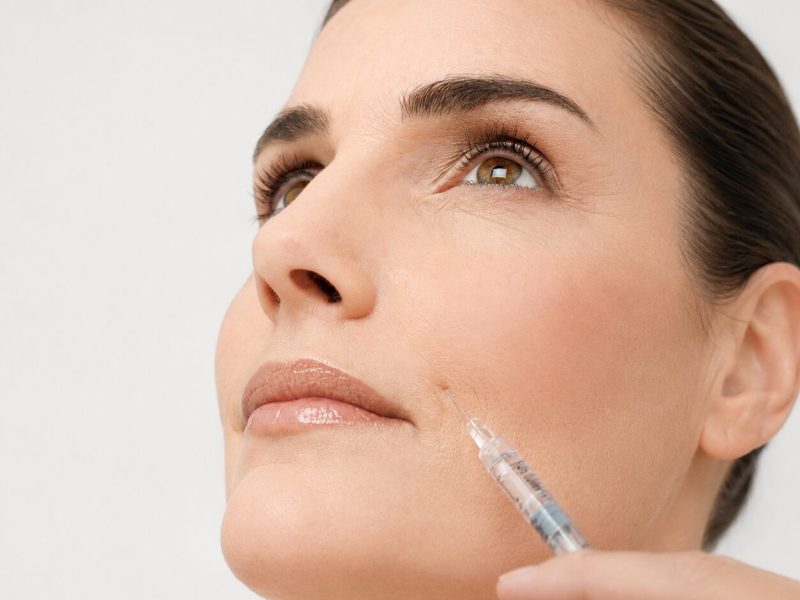 Woman receiving dermal filler injection in cheek