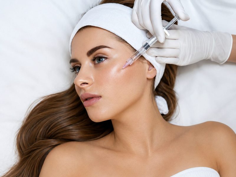 Woman receiving facial cosmetic injection treatment