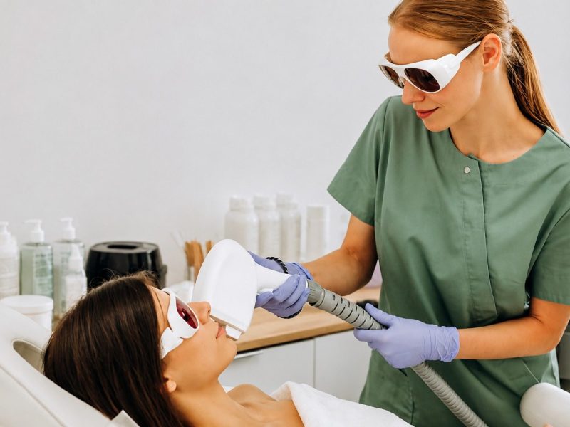 Technician performing laser facial treatment on patient