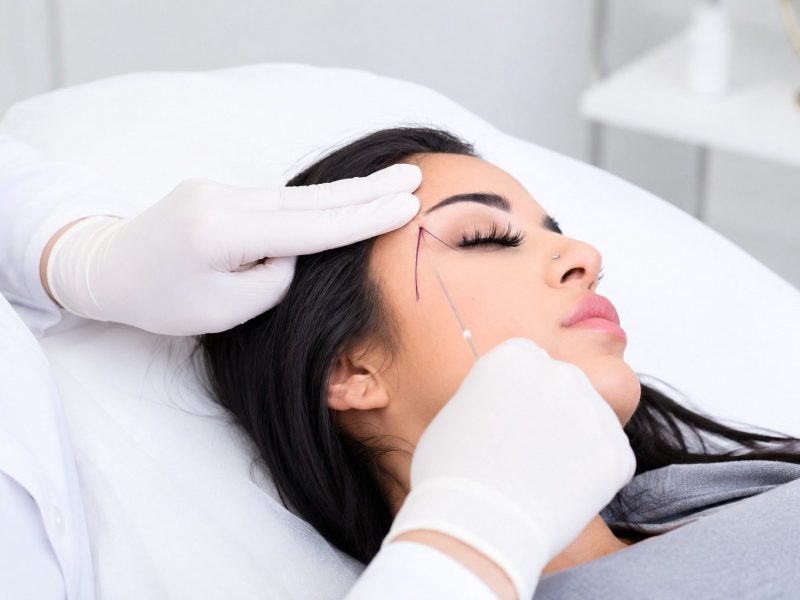 Cosmetic thread lift near woman's eyebrow